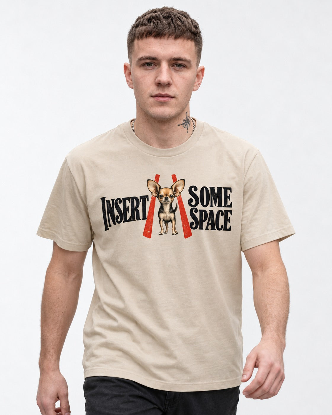 Insert Some Chihuahua Space T-Shirt in Sand, worn by a model