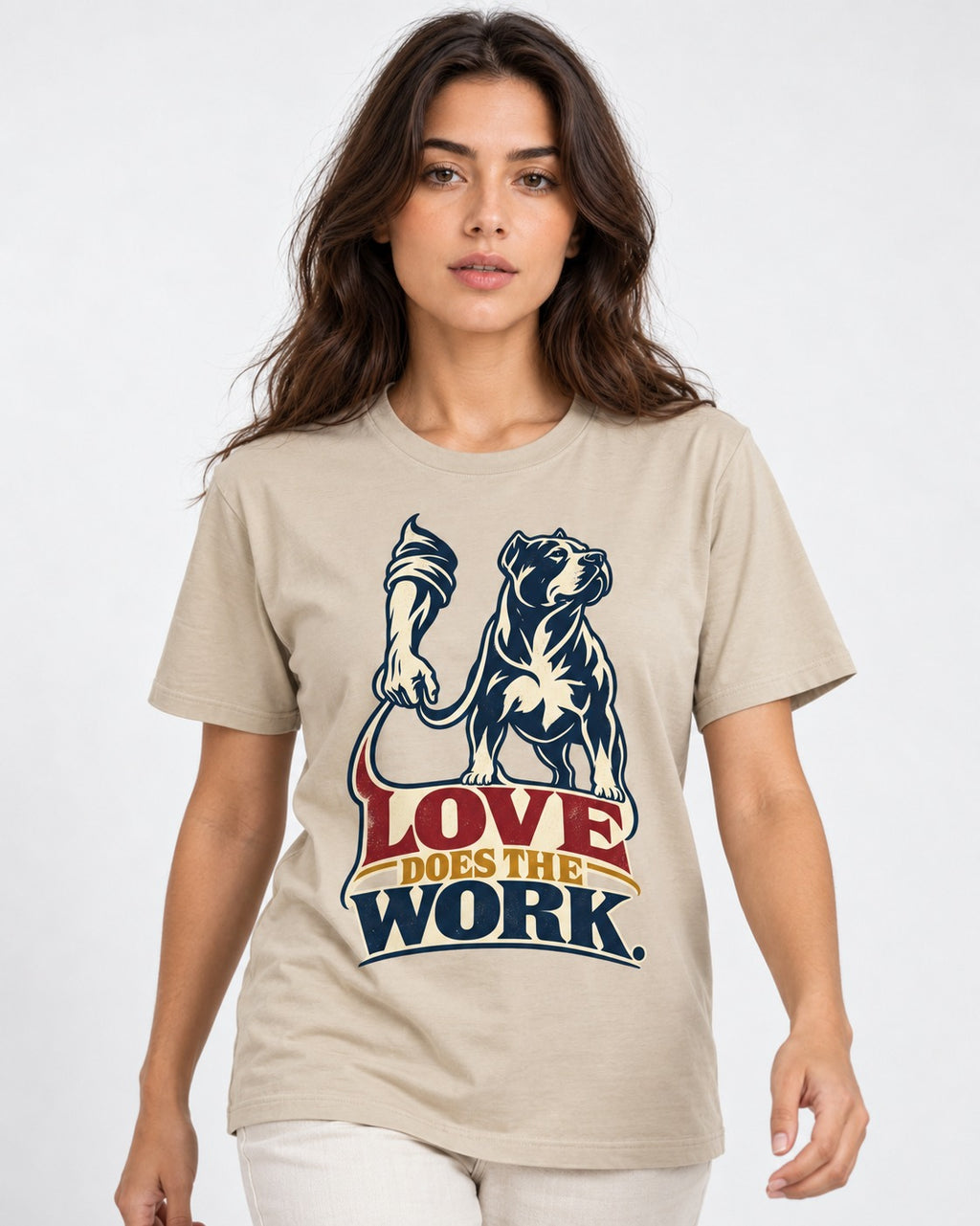 Pitbull Love Does the Work T-Shirt in Sand, worn by a model