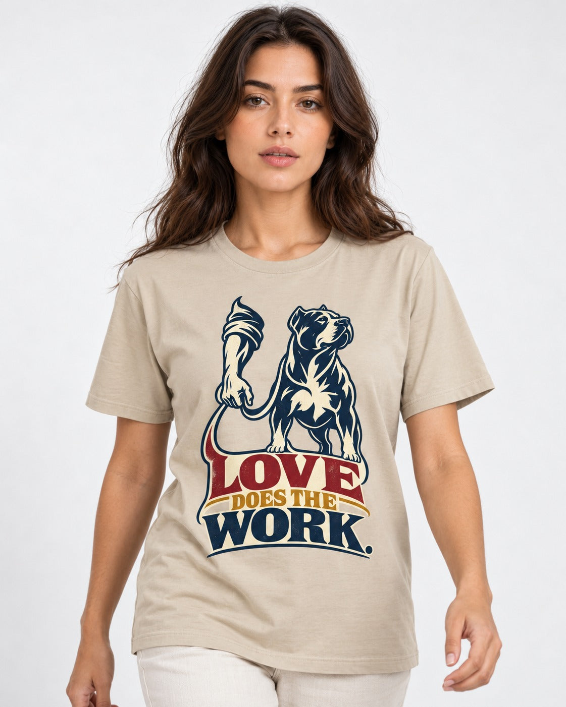 Pitbull Love Does the Work T-Shirt in Sand, worn by a model