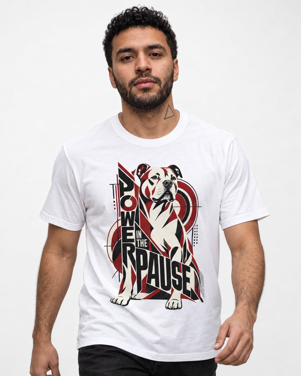 Pitbull Power in the Pause Geometric Graphic T-Shirt in White, worn by a model
