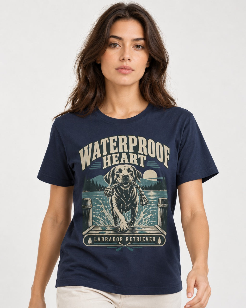 Labrador Retriever Waterproof Heart Lake Adventure Graphic T-Shirt in Navy, worn by a model