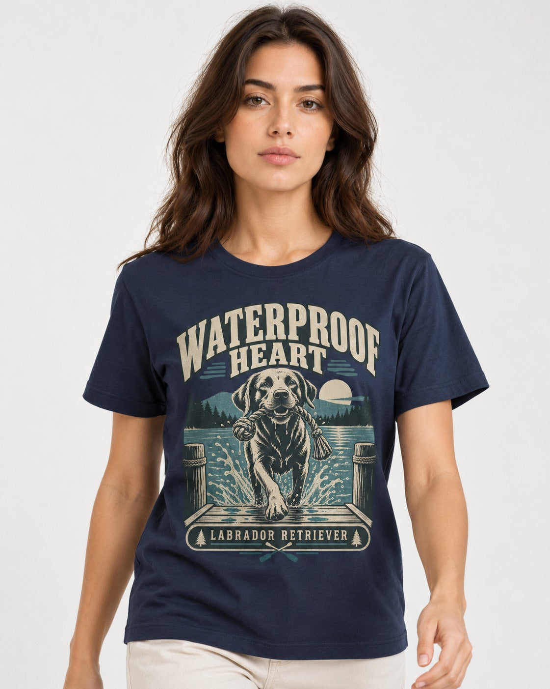 Labrador Retriever Waterproof Heart Lake Adventure Graphic T-Shirt in Navy, worn by a model