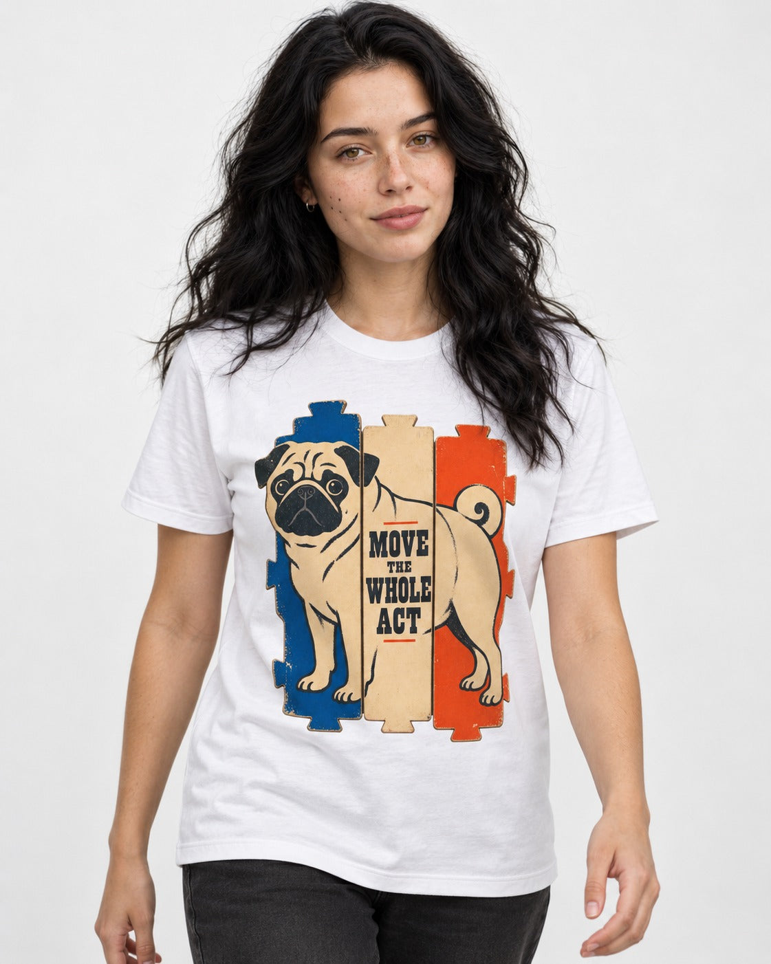 Pug Move the Whole Act Color Block Graphic T-Shirt in White, worn by a model