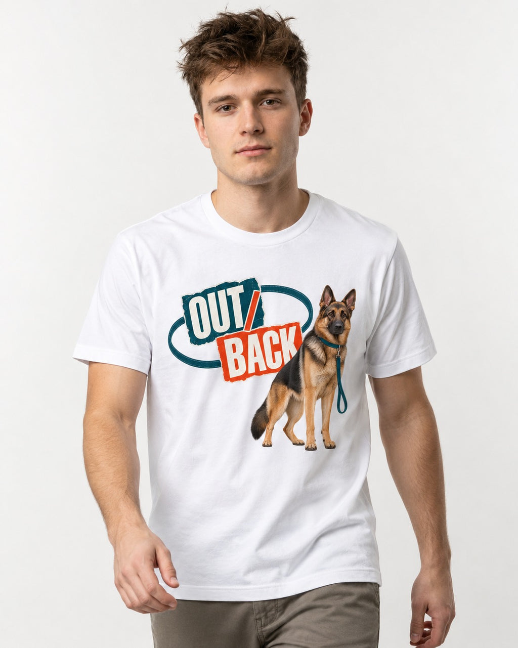 Out Back Leash German Shepherd Dog Graphic T-Shirt in White, worn by a model