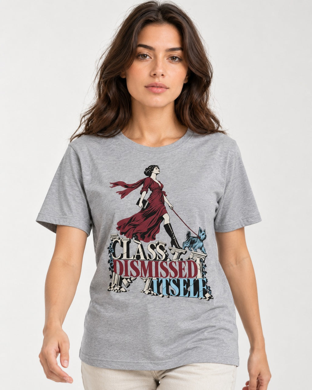 Class Dismissed Itself Yorkshire Terrier T-Shirt in Sport Grey, worn by a model