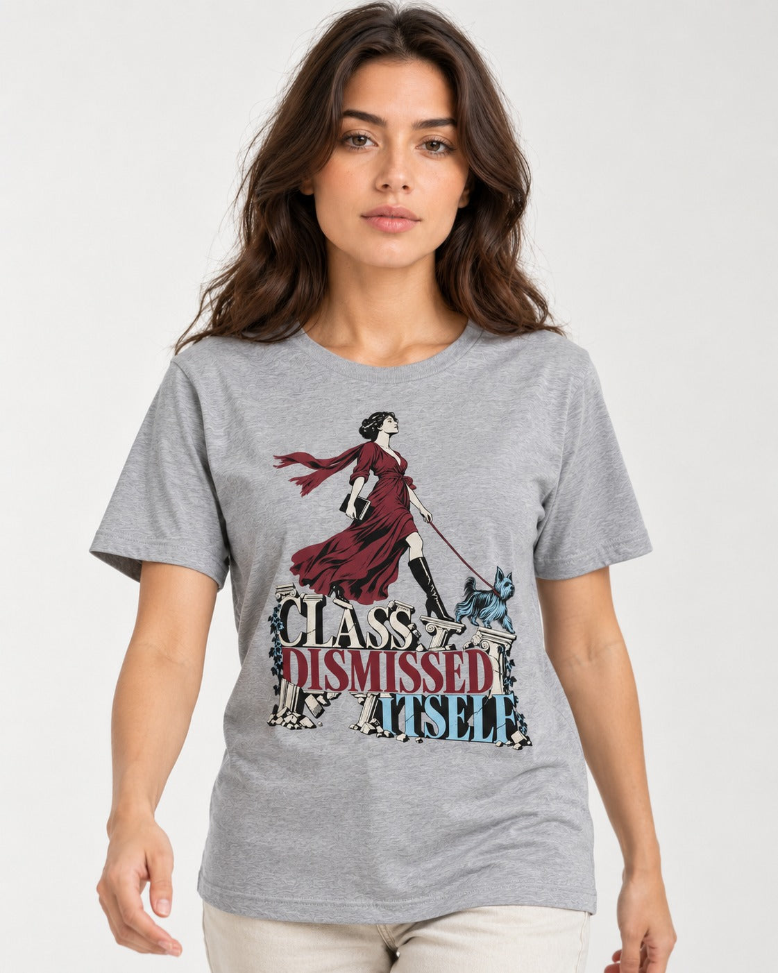 Class Dismissed Itself Yorkshire Terrier T-Shirt in Sport Grey, worn by a model