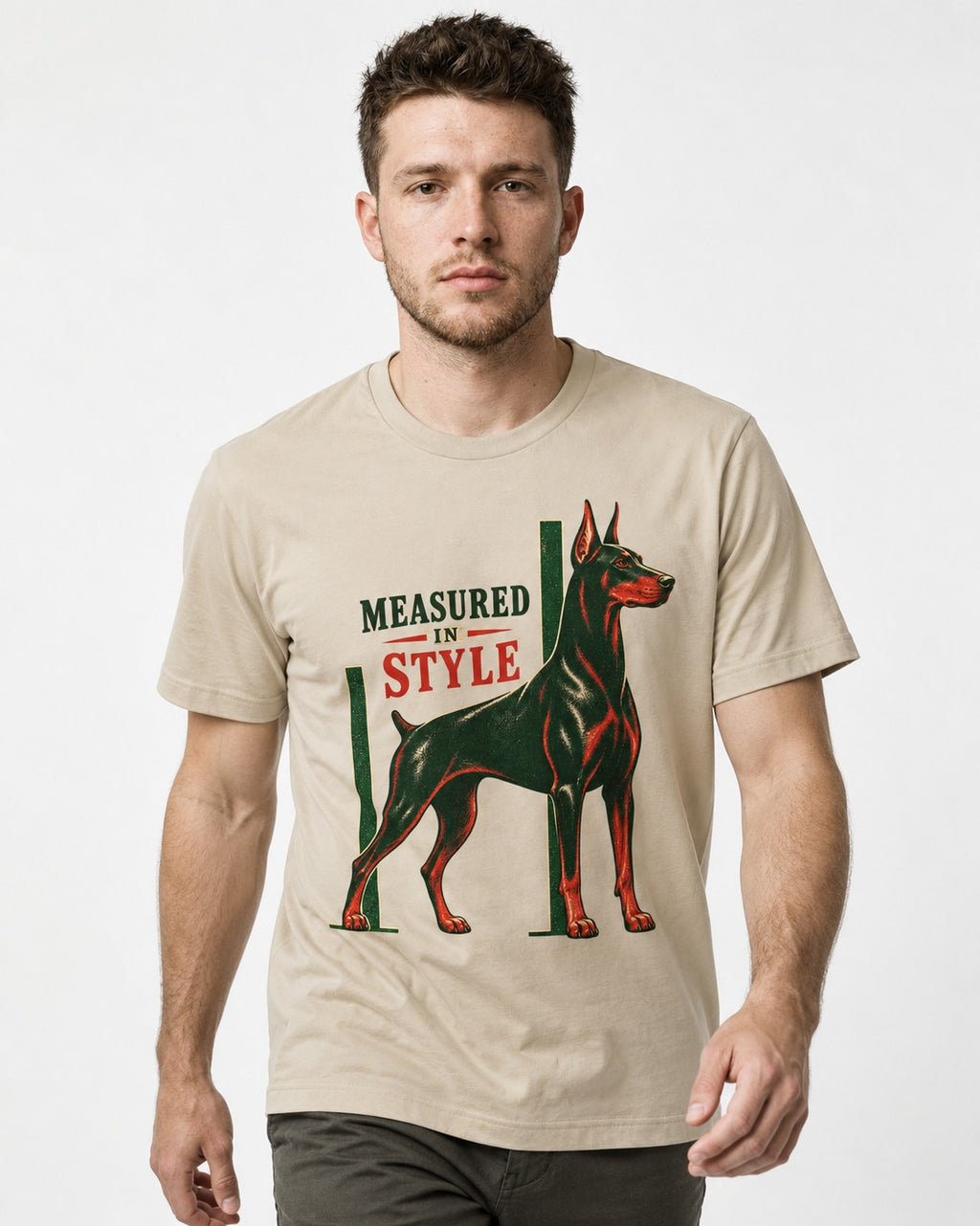 Measured in Doberman T-Shirt in Sand, worn by a model