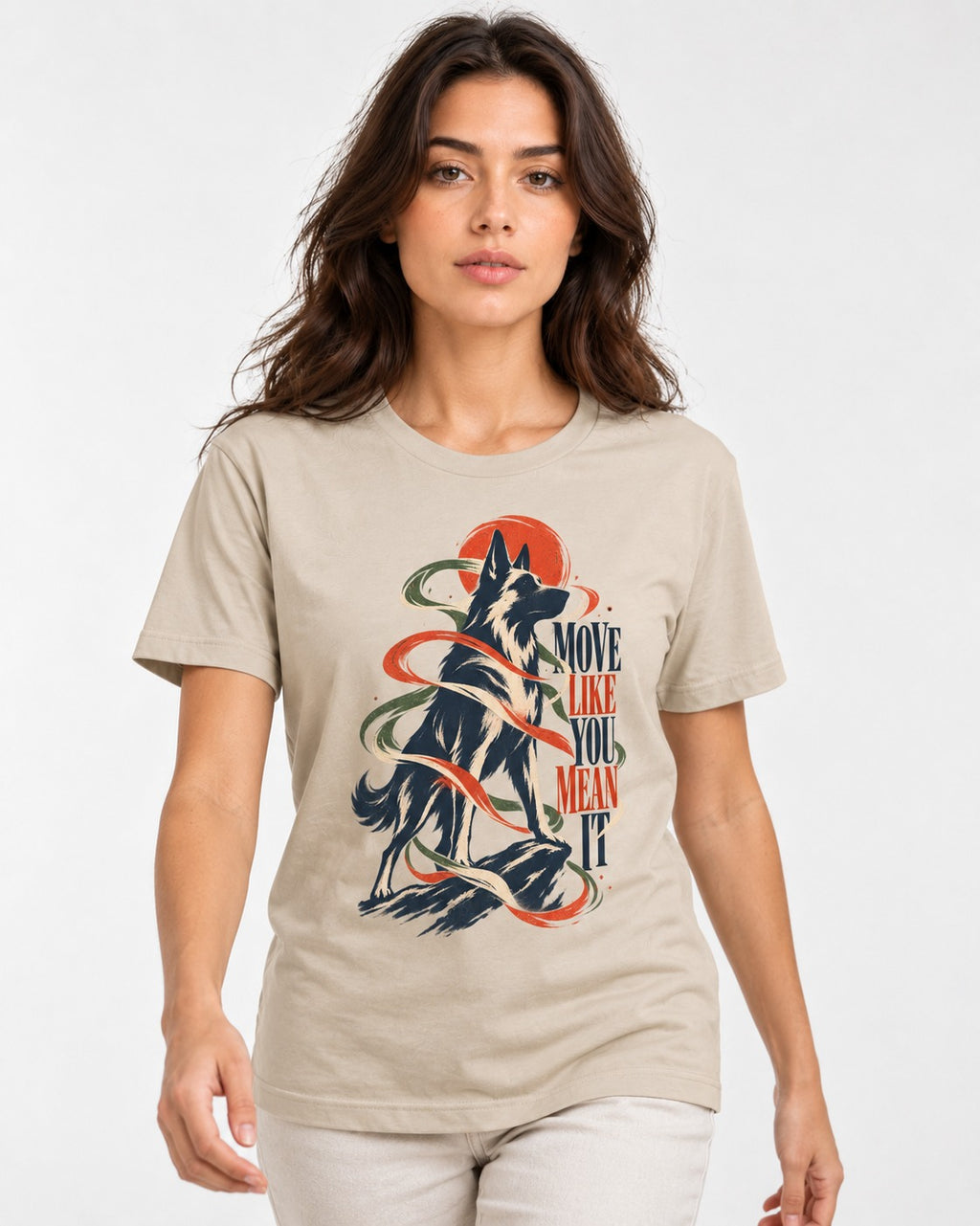 German Shepherd Dog Mean It T-Shirt in Sand, worn by a model