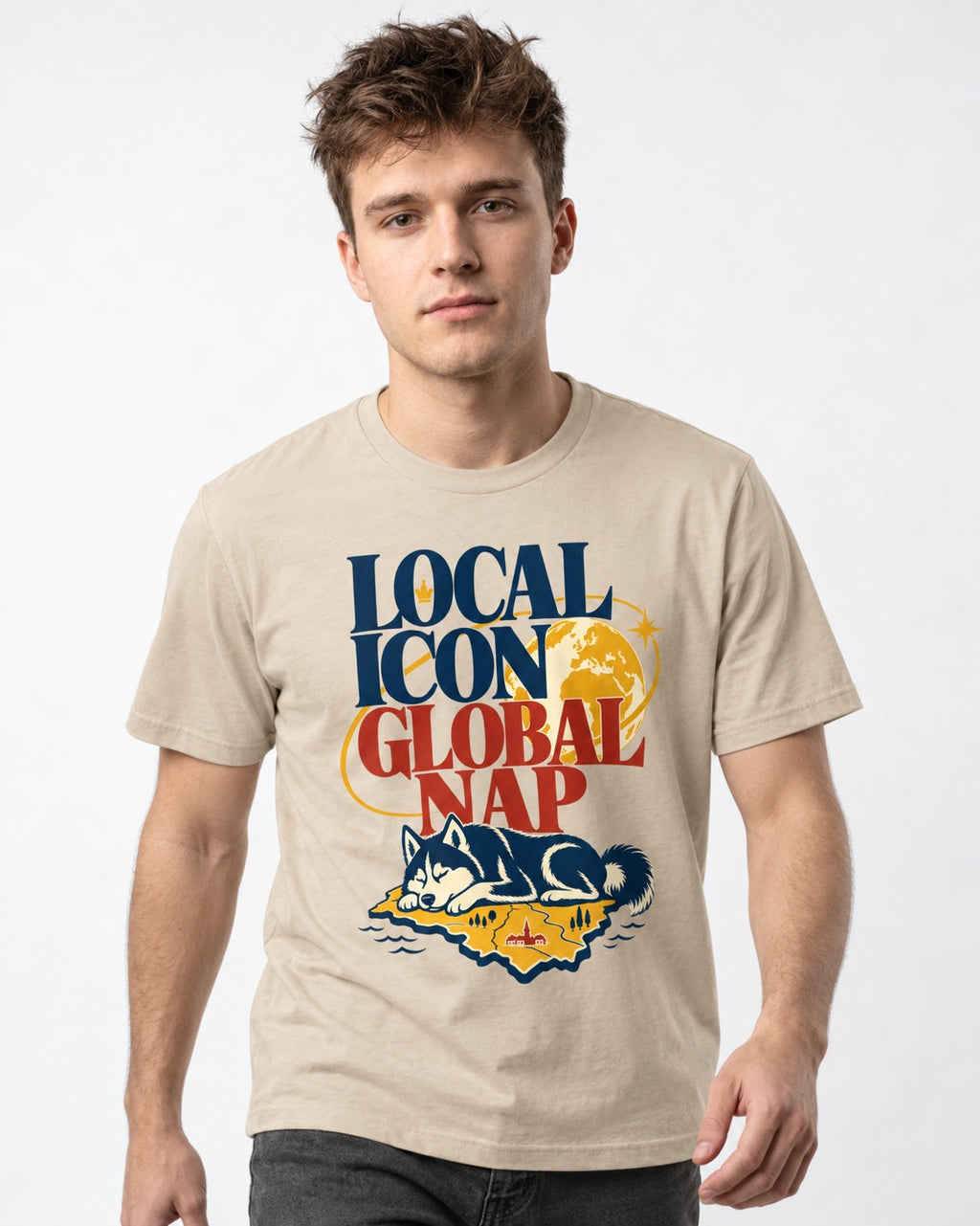 Husky Local Icon Global Nap T-Shirt in Sand, worn by a model