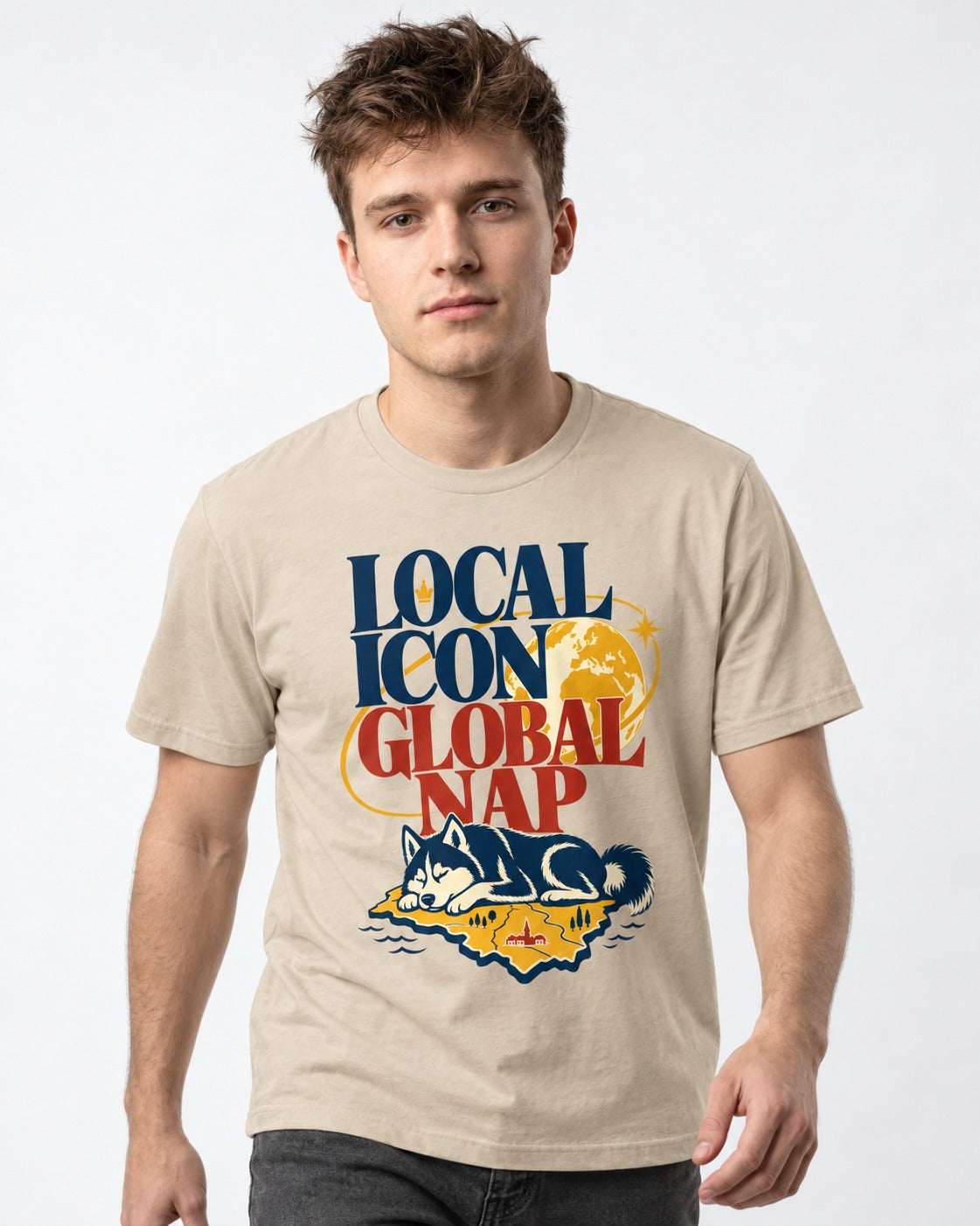 Husky Local Icon Global Nap T-Shirt in Sand, worn by a model