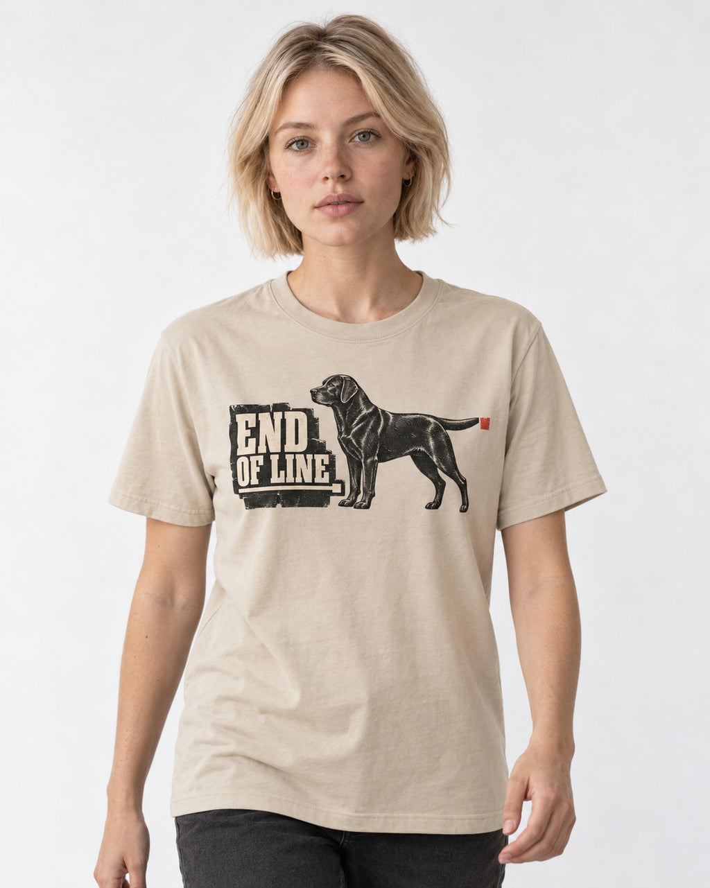 End of Line Labrador Retriever T-Shirt in Sand, worn by a model