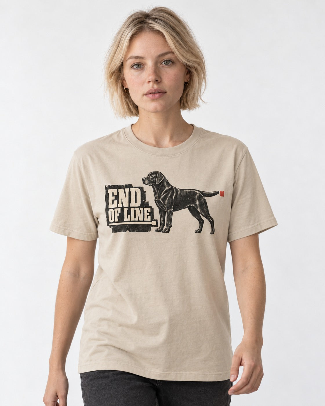 End of Line Labrador Retriever T-Shirt in Sand, worn by a model