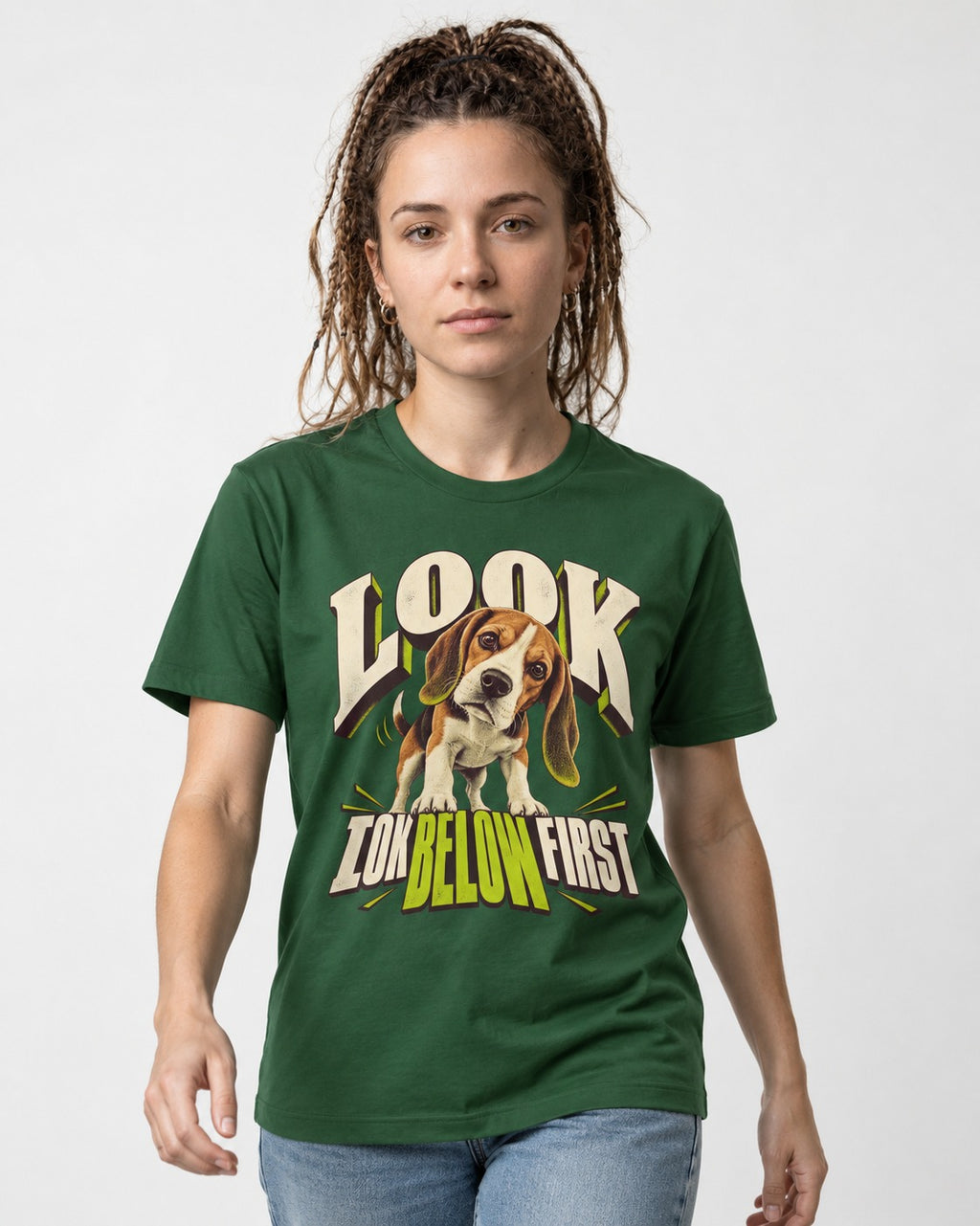 Beagle Look Low Below First T-Shirt in Forest Green, worn by a model