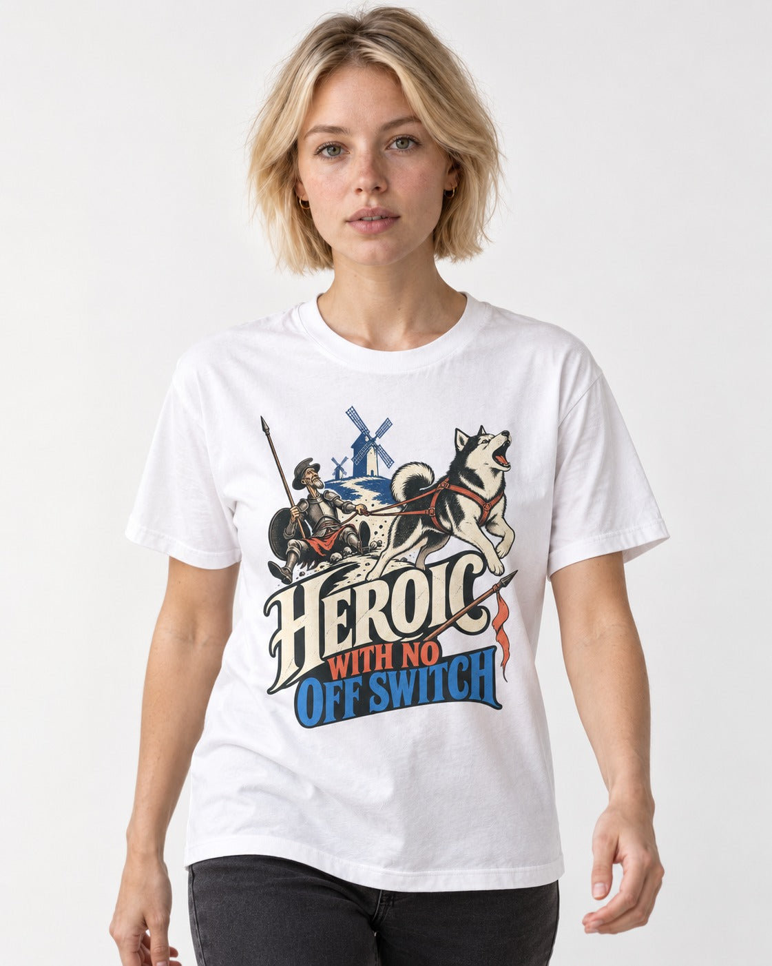 Husky Heroic with No Off Switch Don Quixote Graphic T-Shirt in White, worn by a model