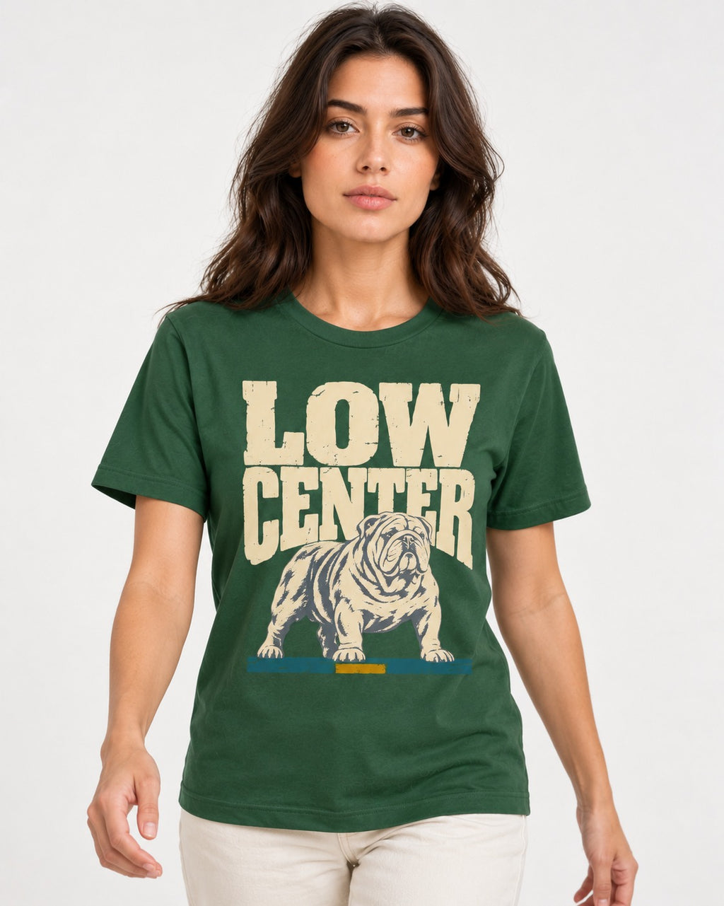 English Bulldog Low Center Stance Graphic T-Shirt in Forest Green, worn by a model