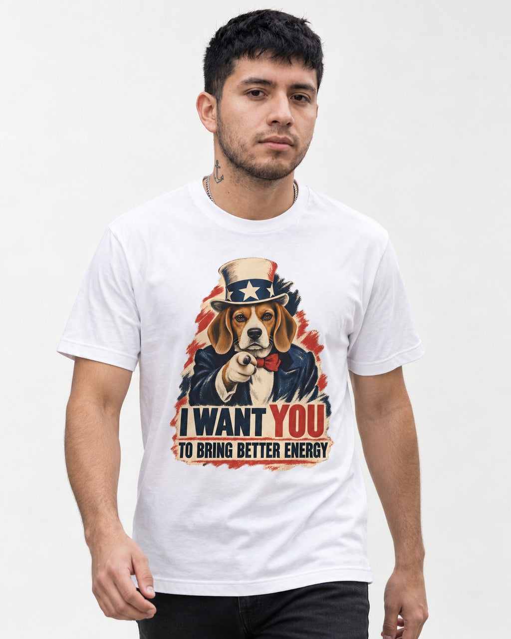 Bring Better Energy Beagle Uncle Sam T-Shirt in White, worn by a model