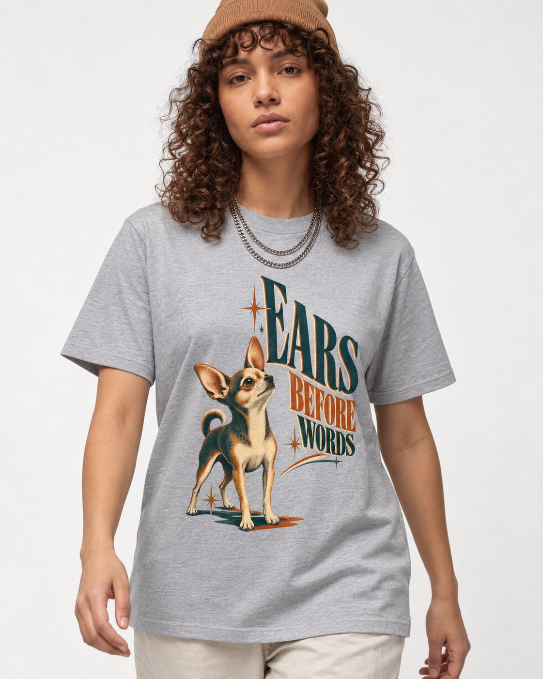 Chihuahua Ears Before Words Retro Typography T-Shirt in Sport Grey, worn by a model