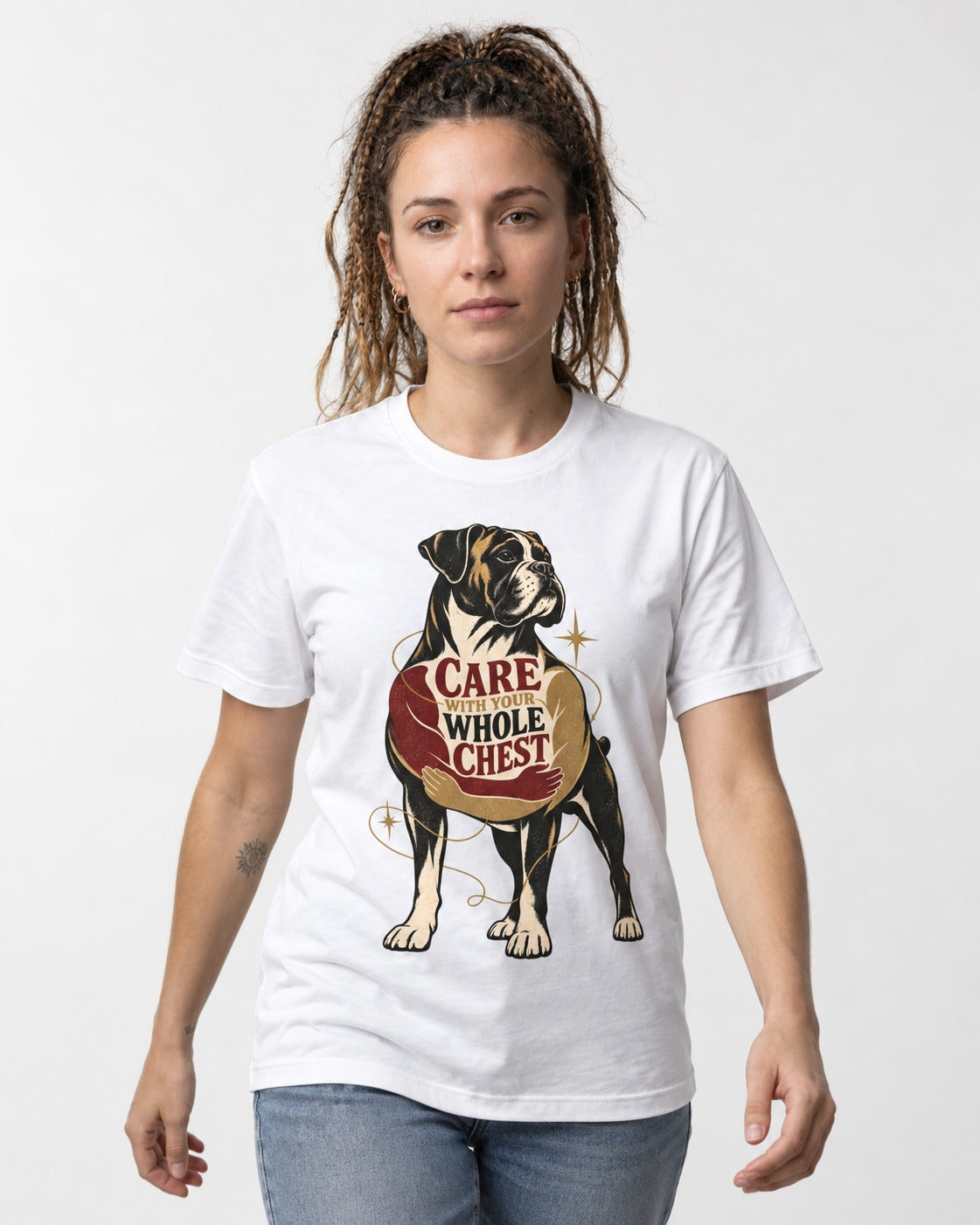 Boxer Care With Your Whole Chest T-Shirt in White, worn by a model
