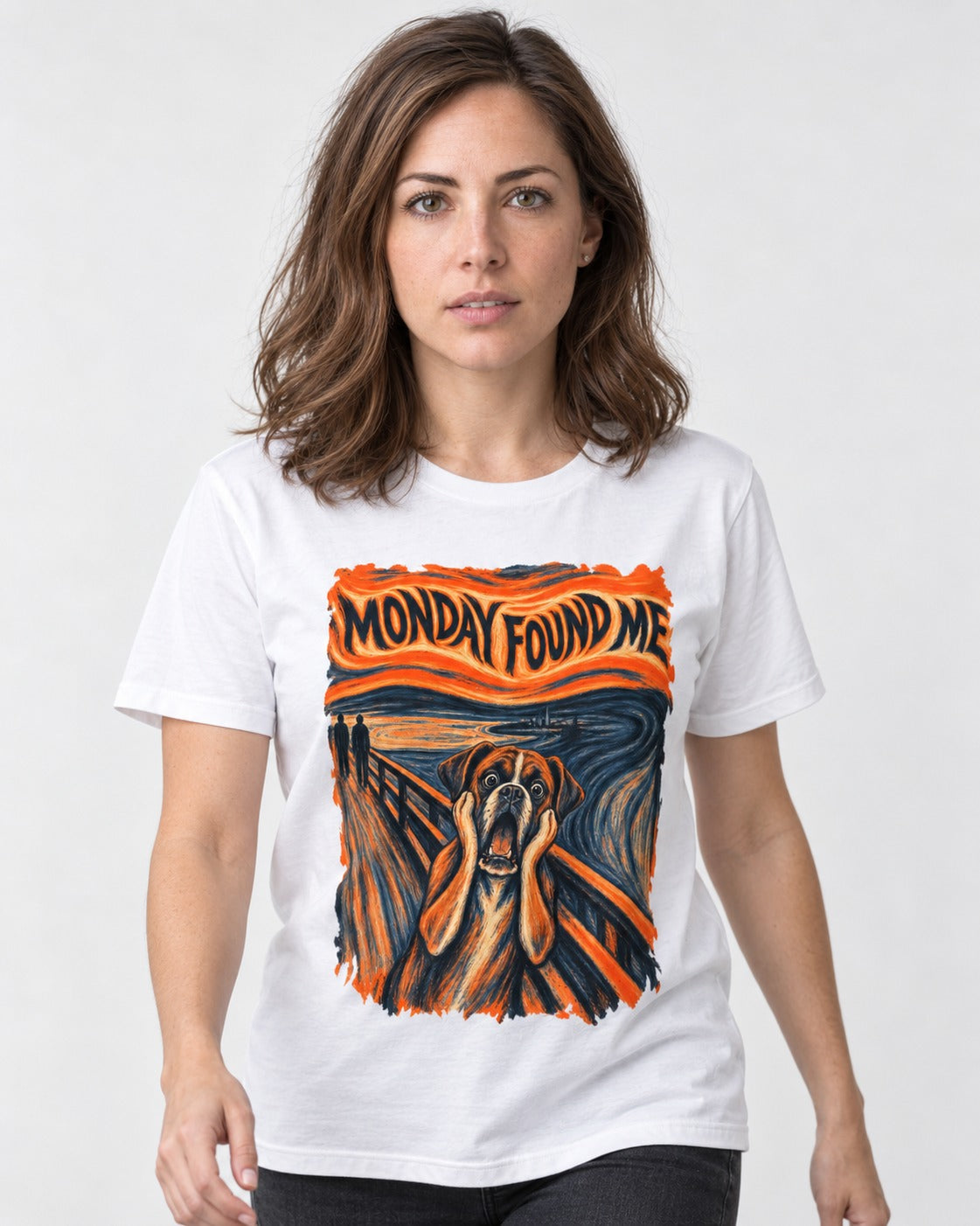 Monday Found Me Scream Boxer T-Shirt in White, worn by a model