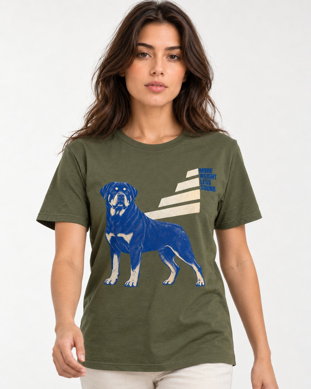 Rottweiler More Weight Less Sound Stair Step Graphic T-Shirt in Heather Military Green, worn by a model