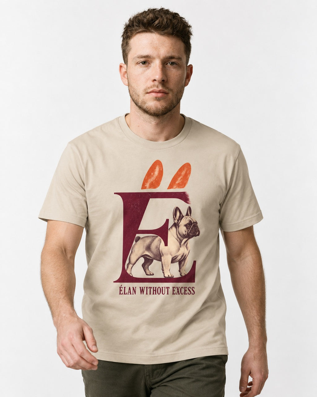 Frenchie Without Excess T-Shirt in Sand, worn by a model