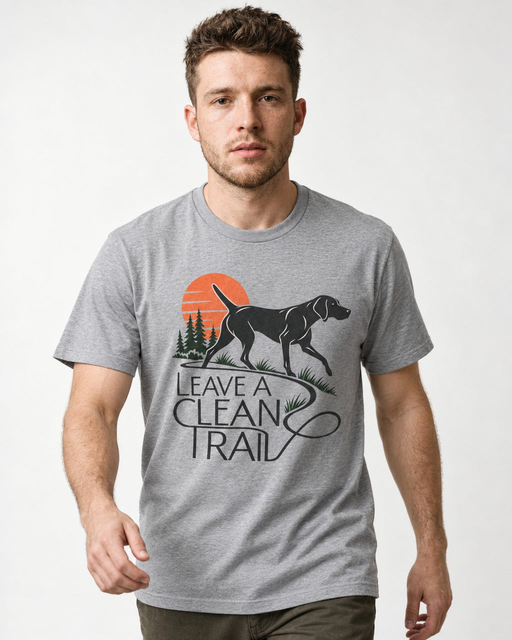 Leave a Clean Trail German Shorthaired Pointer T-Shirt in Sport Grey, worn by a model