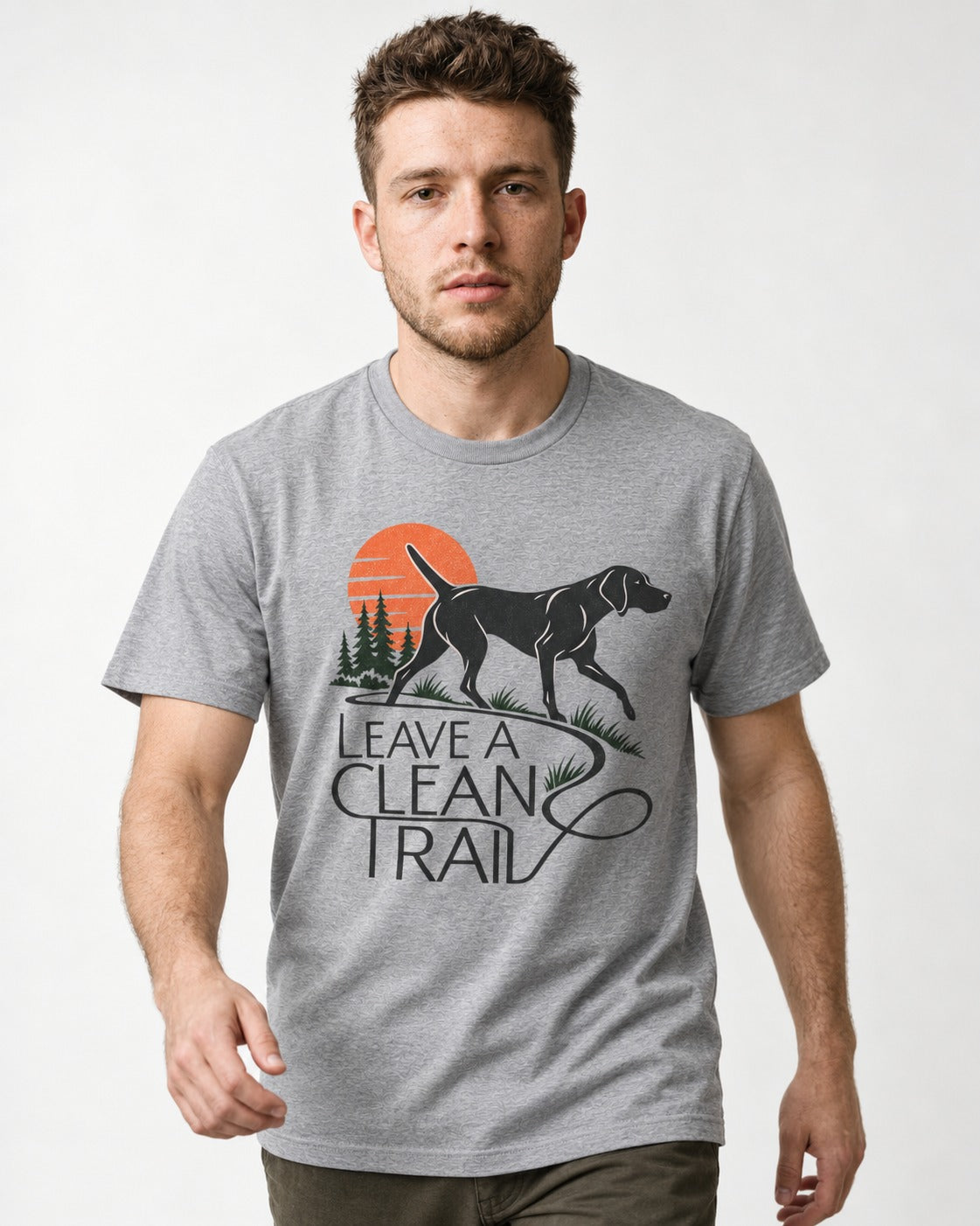 Leave a Clean Trail German Shorthaired Pointer T-Shirt in Sport Grey, worn by a model