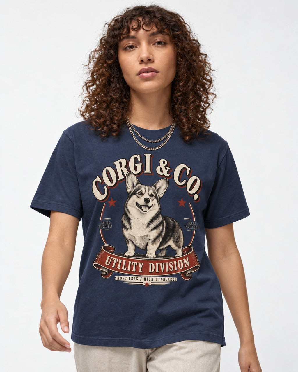Corgi's High Standards T-Shirt in Navy, worn by a model