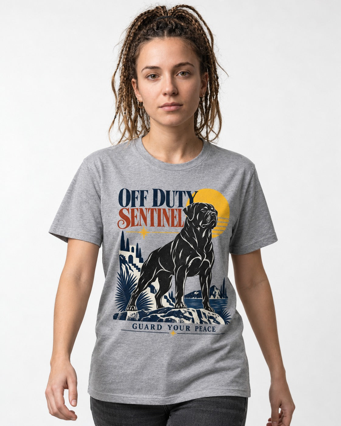 Off Duty Rottweiler Sentinel T-Shirt in Sport Grey, worn by a model