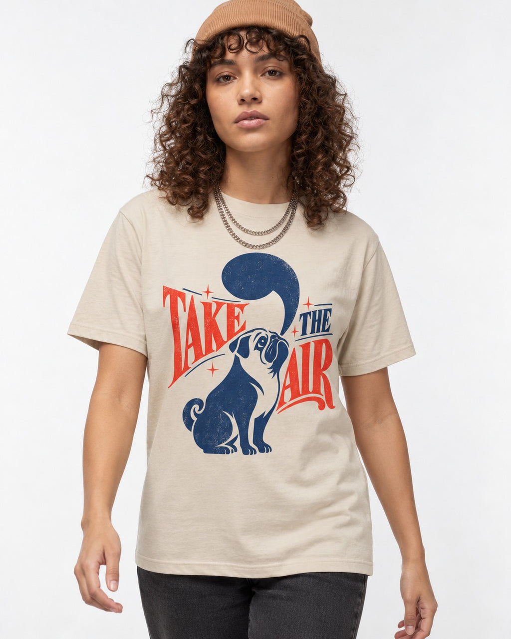 Pug Take the Air T-Shirt in Sand, worn by a model