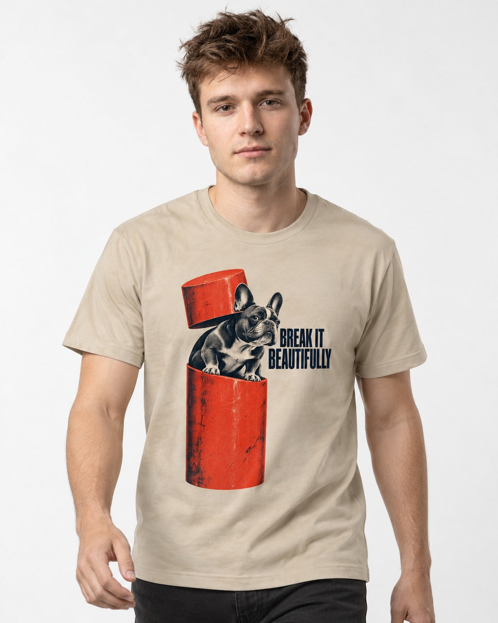 Frenchie Break It Beautifully T-Shirt in Sand, worn by a model