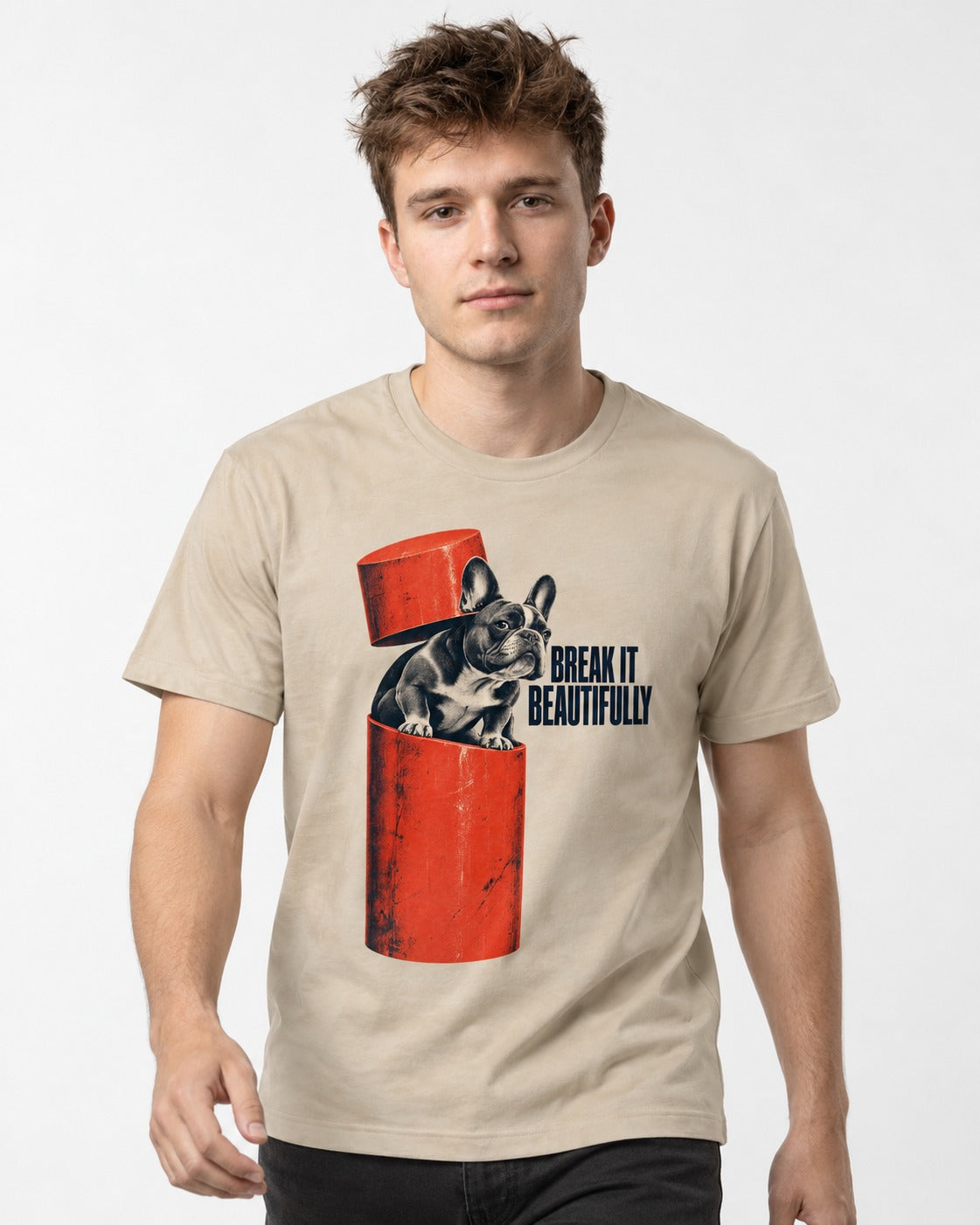 Frenchie Break It Beautifully T-Shirt in Sand, worn by a model