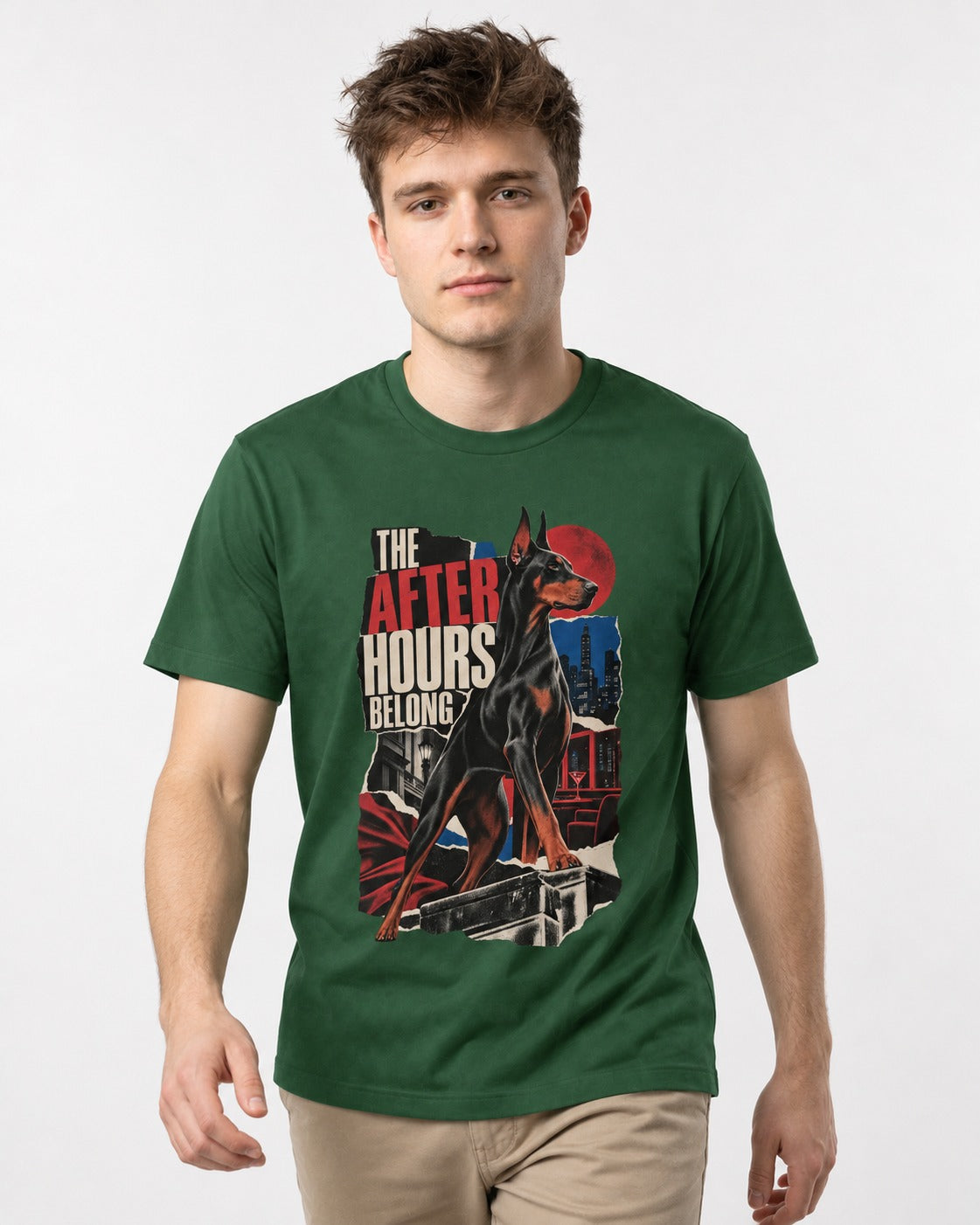 Doberman The After Hours Belong City Collage T-Shirt in Forest Green, worn by a model