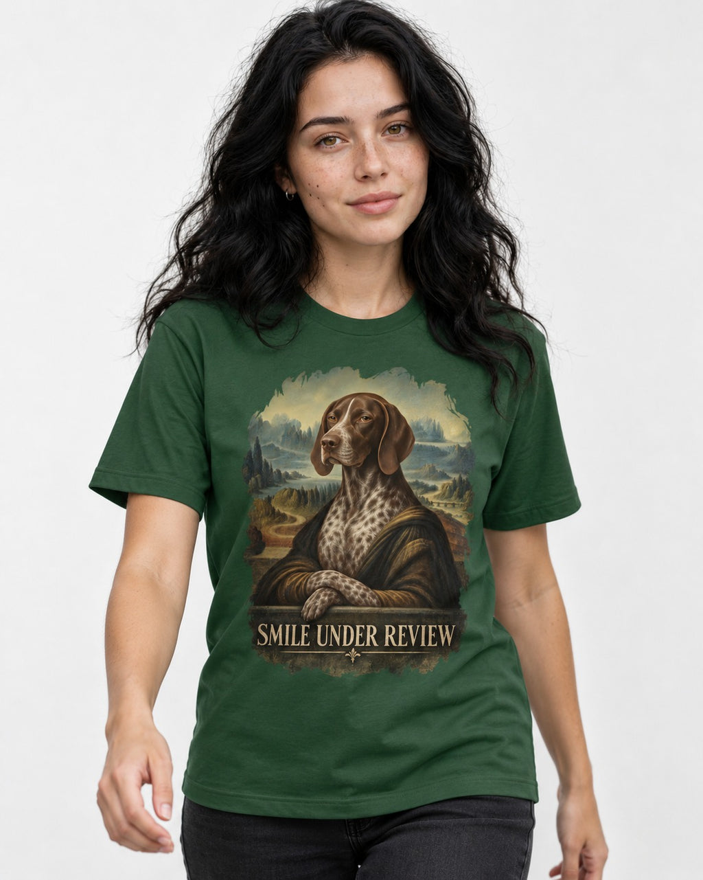 German Shorthaired Pointer Smile Under Review Renaissance Portrait Graphic T-Shirt in Forest Green, worn by a model