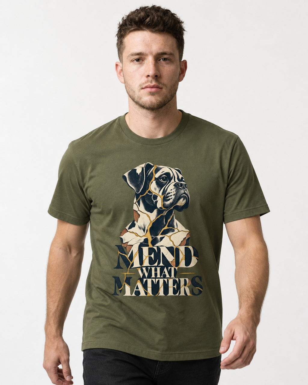 Mend What Matters Boxer Kintsugi Portrait T-Shirt in Heather Military Green, worn by a model