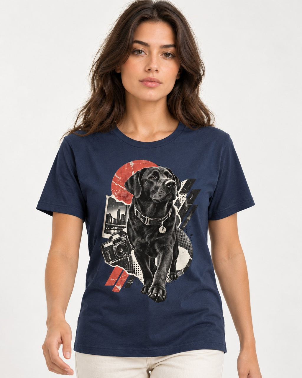 Labrador Retriever Camera City Halftone Collage Graphic T-Shirt in Navy, worn by a model