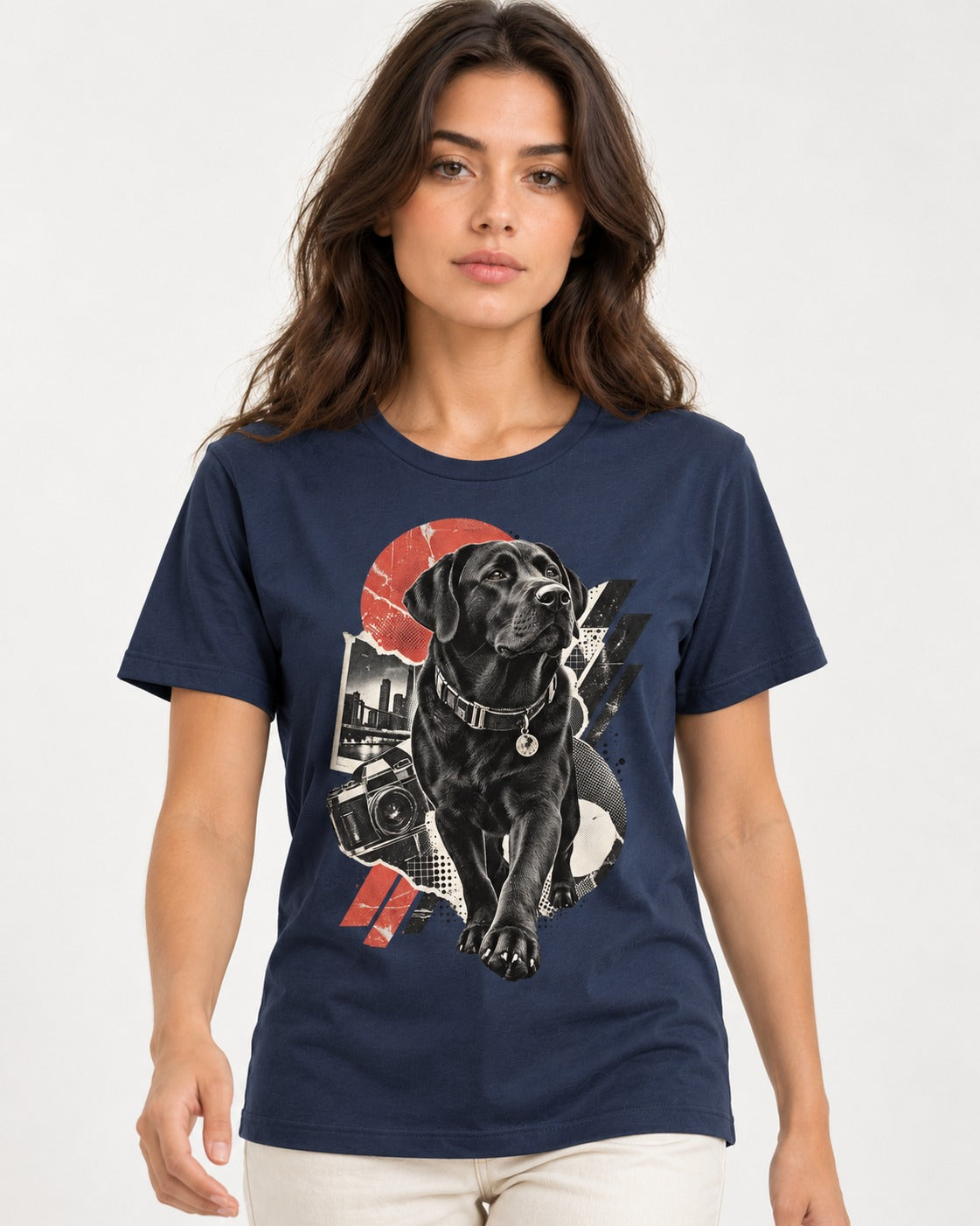 Labrador Retriever Camera City Halftone Collage Graphic T-Shirt in Navy, worn by a model