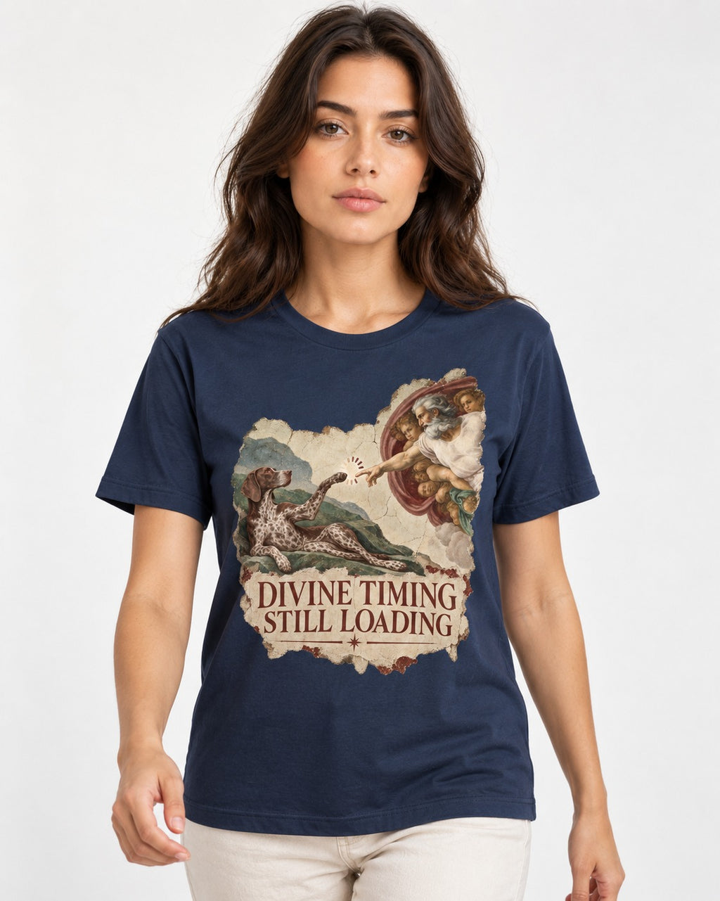 German Shorthaired Pointer Divine Timing Still Loading Creation Scene Graphic T-Shirt in Navy, worn by a model