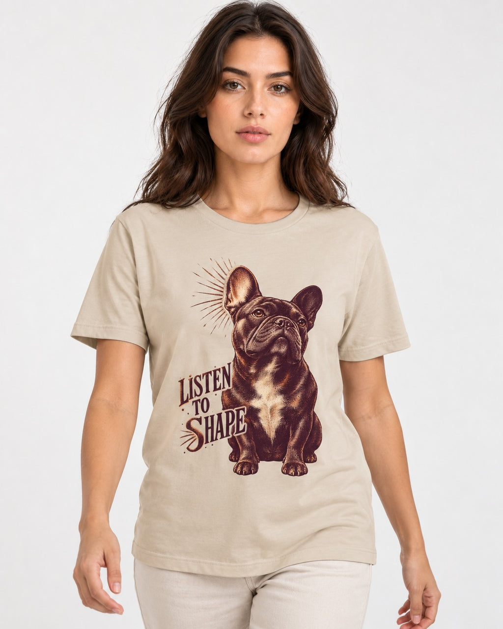Listen to Shape Frenchie T-Shirt in Sand, worn by a model