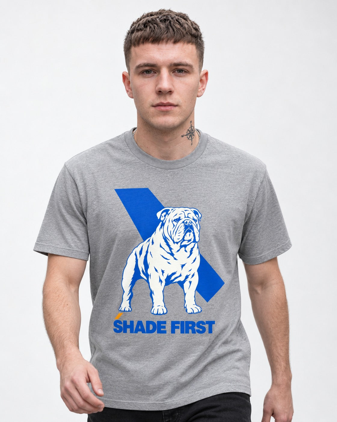 Shade First English Bulldog T-Shirt in Sport Grey, worn by a model
