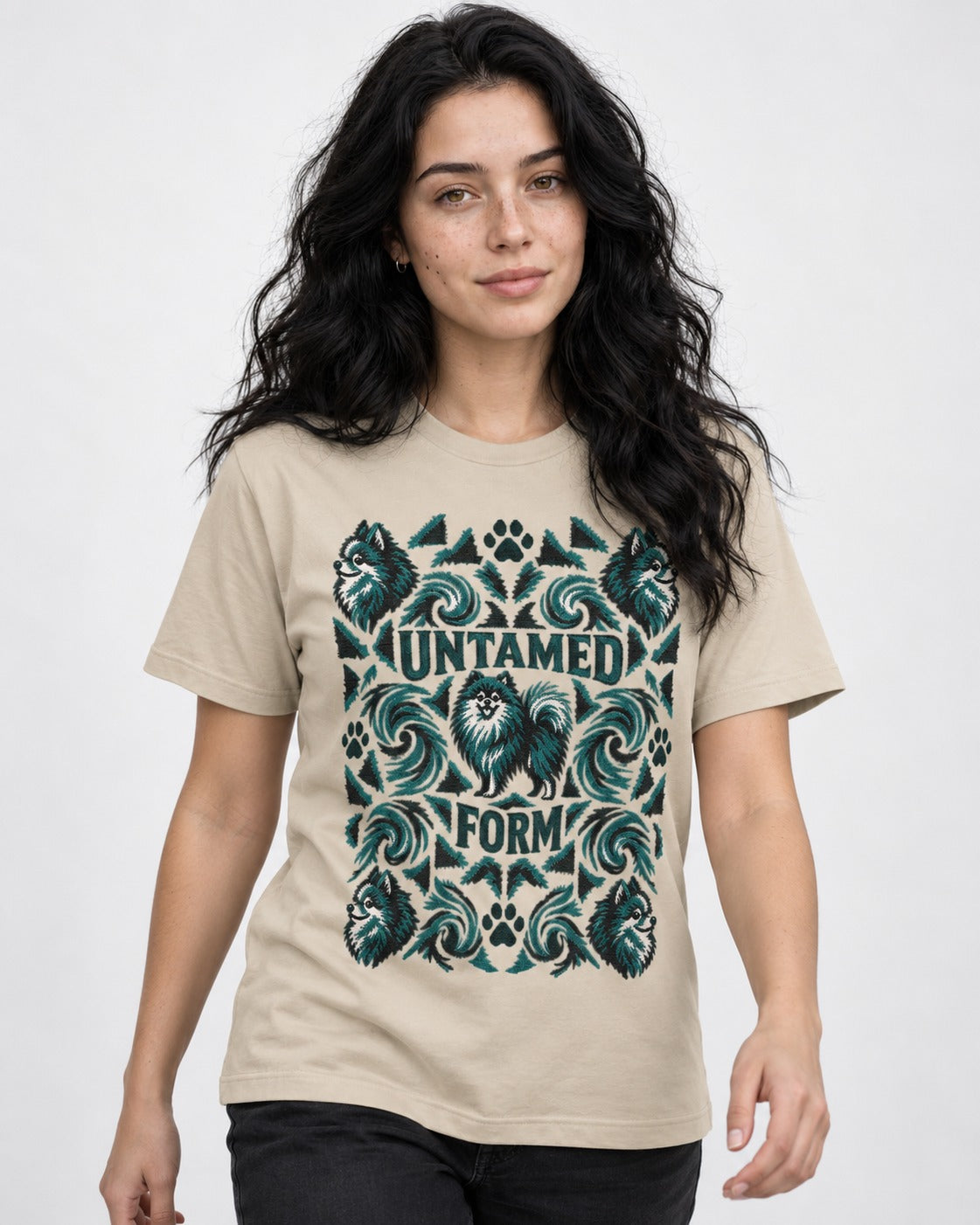 Pomeranian Untamed Form T-Shirt in Sand, worn by a model