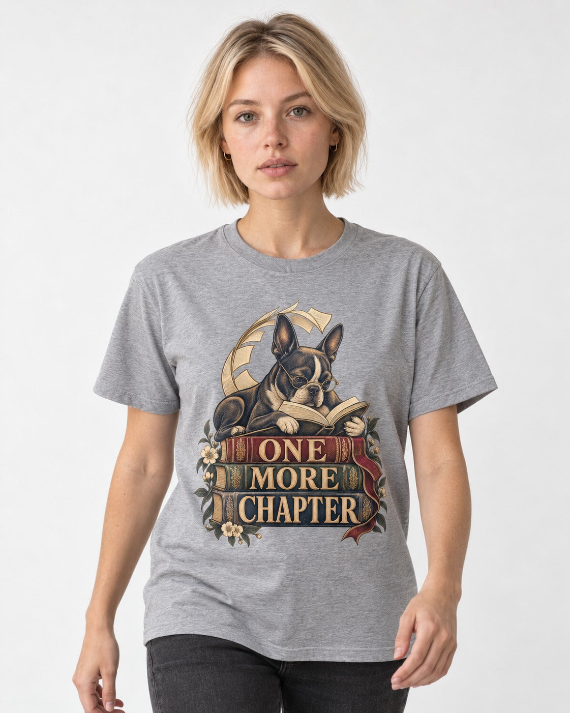 One More Chapter Boston Terrier T-Shirt in Sport Grey, worn by a model