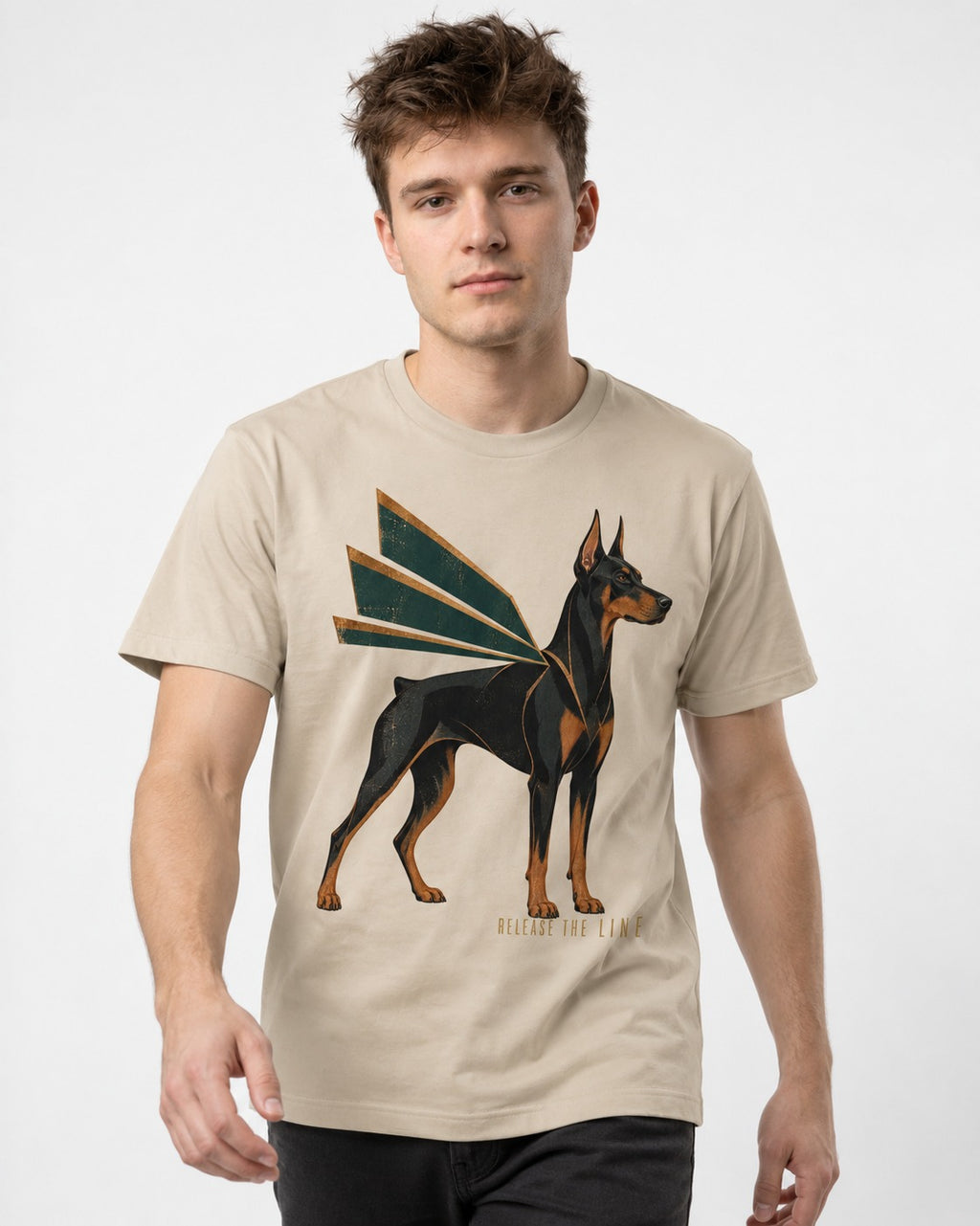 Release the Doberman Line T-Shirt in Sand, worn by a model