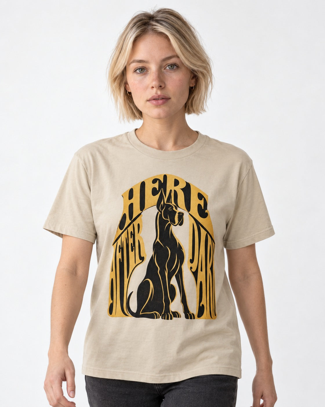 Great Dane Here After Dark T-Shirt in Sand, worn by a model