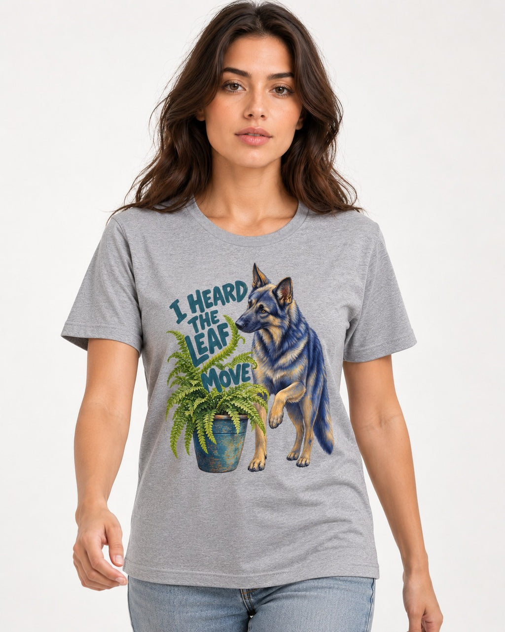 German Shepherd Dog Heard the Leaf Move T-Shirt in Sport Grey, worn by a model