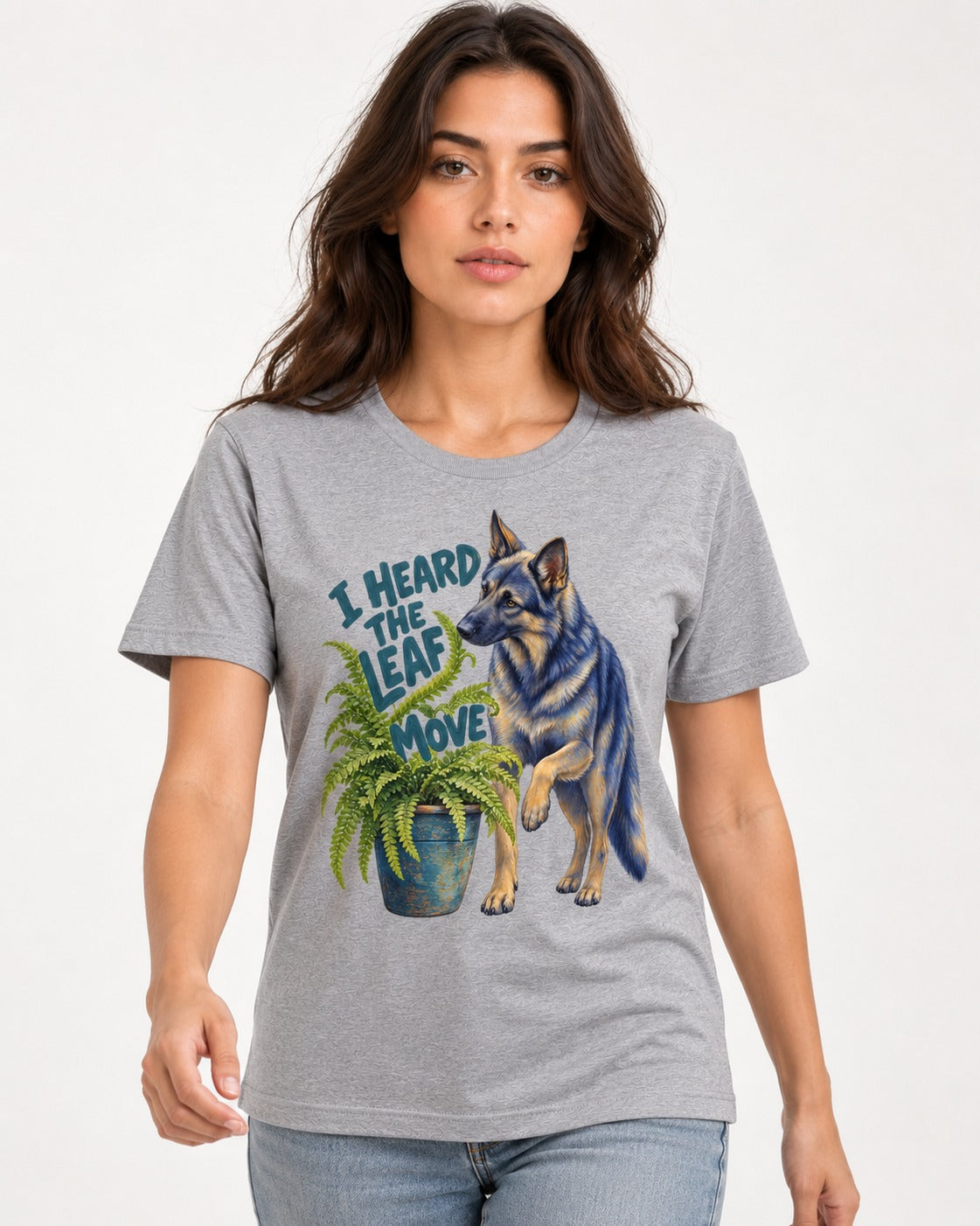 German Shepherd Dog Heard the Leaf Move T-Shirt in Sport Grey, worn by a model