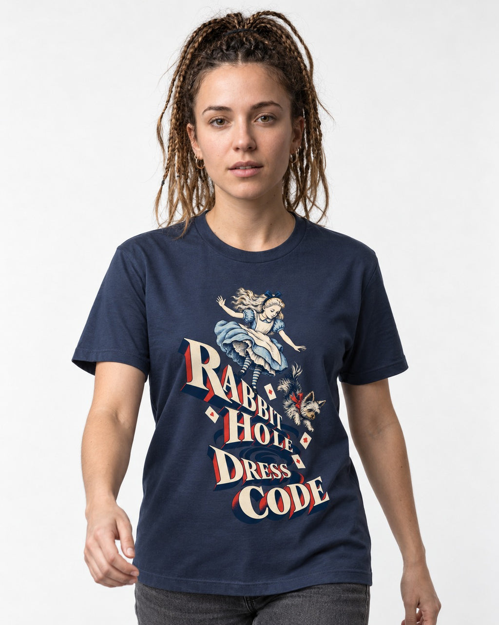 Yorkshire Terrier Rabbit Hole Dress Code Wonderland Graphic T-Shirt in Navy, worn by a model