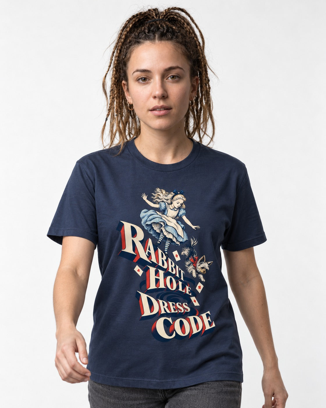 Yorkshire Terrier Rabbit Hole Dress Code Wonderland Graphic T-Shirt in Navy, worn by a model