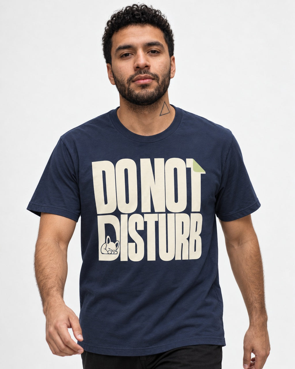 Frenchie Do Not Disturb Hidden Sleeping Graphic T-Shirt in Navy, worn by a model