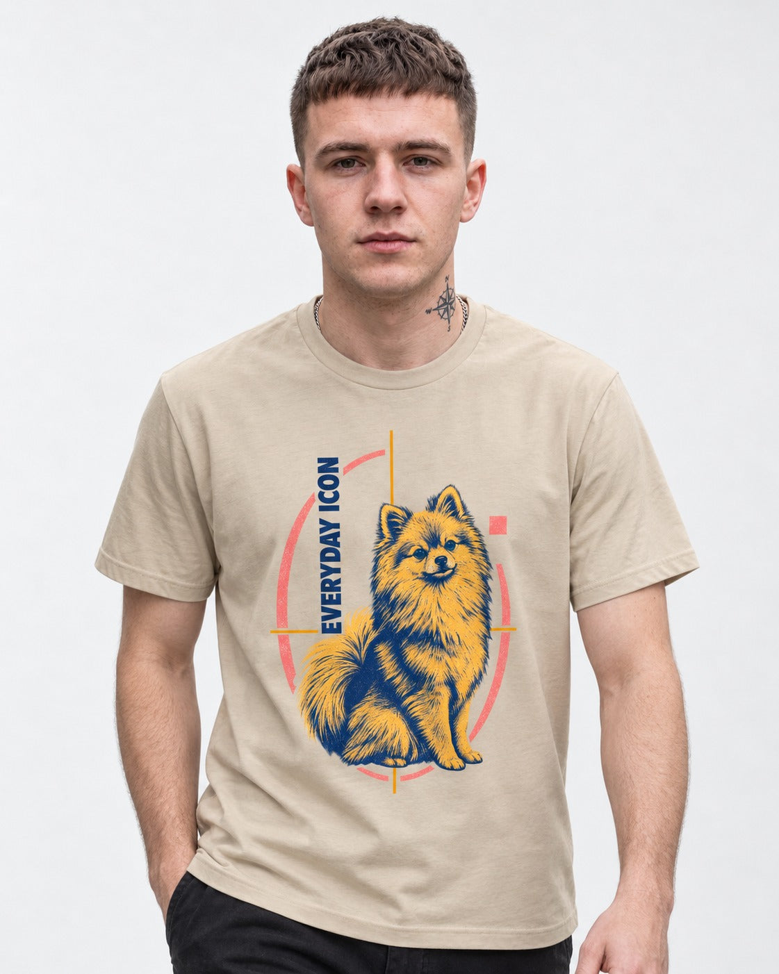 Pomeranian Everyday Icon T-Shirt in Sand, worn by a model